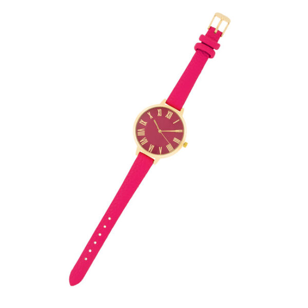 Close view of the watch case and pink leather strap detail