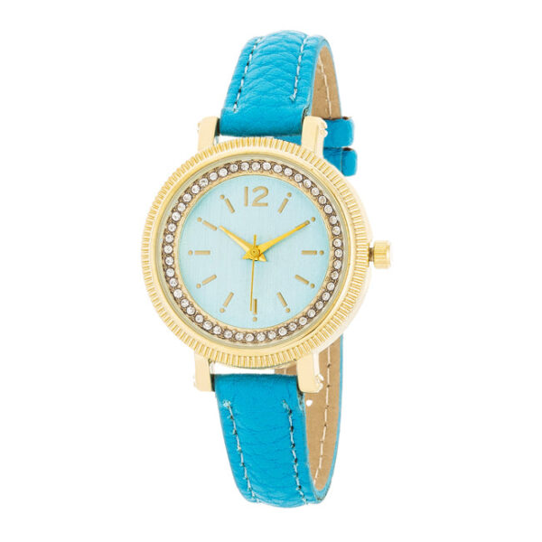 Round gold-tone watch face with a crystal halo on a leather strap