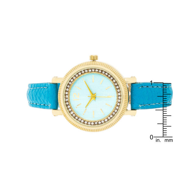 Watch strap detail showing the leather band and case connection