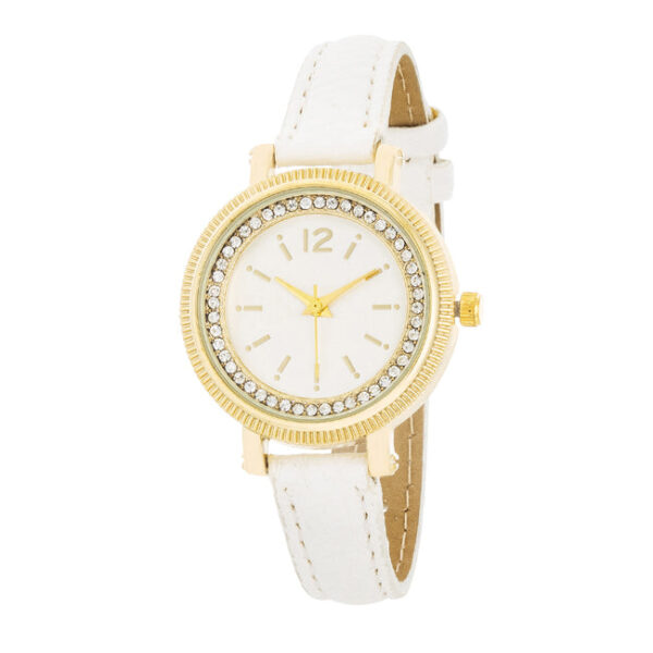 Round gold-tone watch face with white crystal bezel on a white leather strap