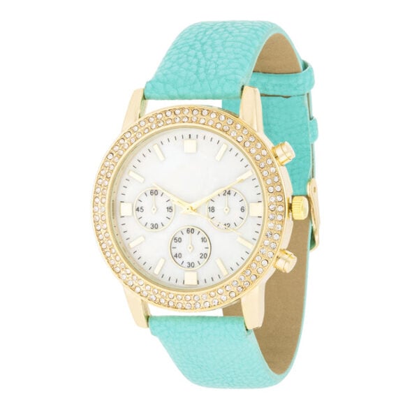 Gold plated watch with a shell pearl dial and crystals around the face, shown facing forward