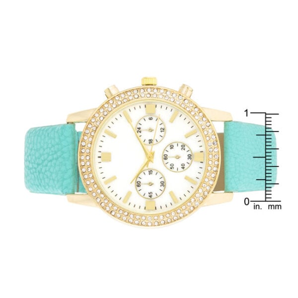 Close-up of the shell pearl dial and crystals on the watch face