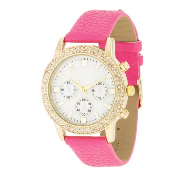 Gold-tone watch with a shell pearl dial and crystal accents around the face