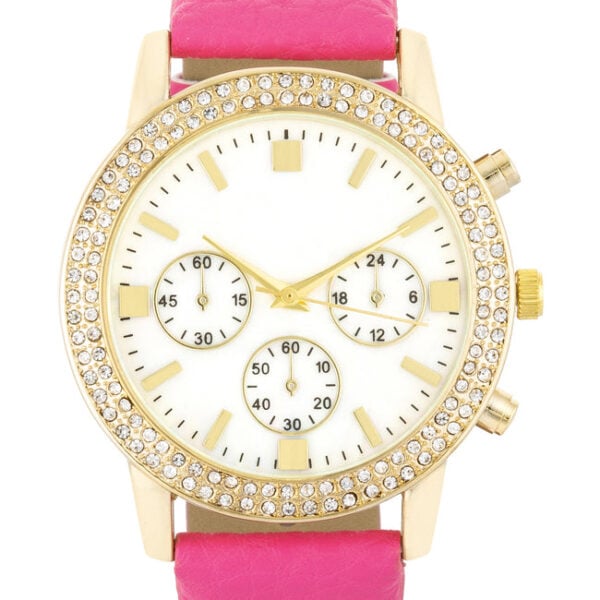 Close-up of the watch face showing the shell pearl dial and surrounding crystals