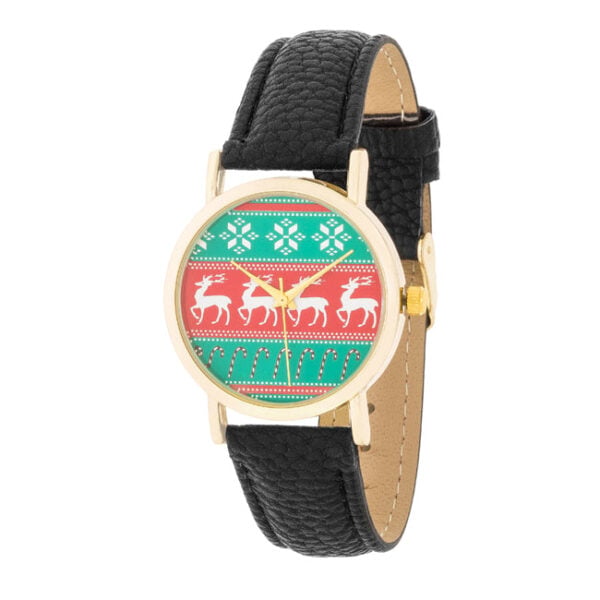 Round watch with gold-tone holiday reindeer dial and black leather strap laid flat