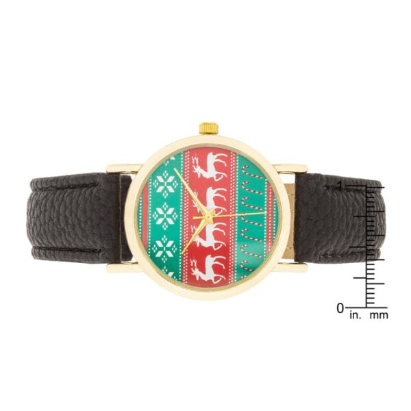 Watch positioned to show the full round face with reindeer dial and strap length