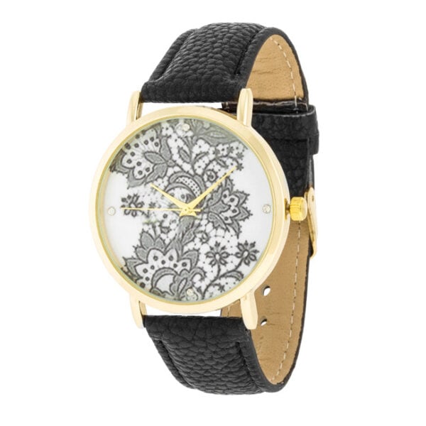 Gold-tone watch with a floral print dial and crystal accents, shown face-up