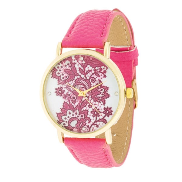 Gold-tone watch with a floral print dial and crystal accents around the face