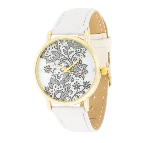 Gold plated watch with floral print dial and crystal accents shown face up