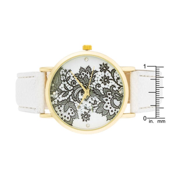Close-up of the floral print dial showing crystal placement around the face