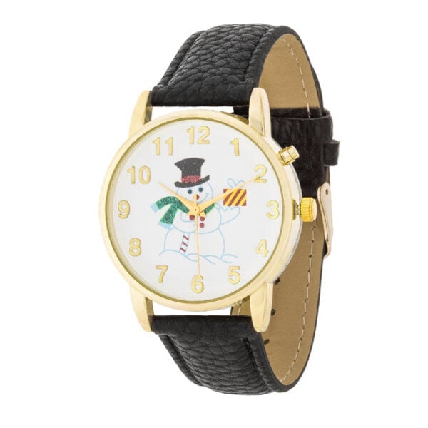 Round watch with snowman face dial and black leather strap, gold-tone case