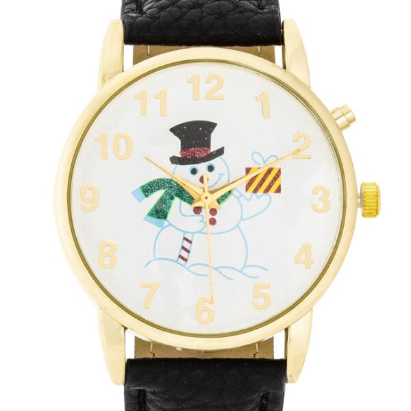 Close view of the round gold-tone watch case and black leather strap