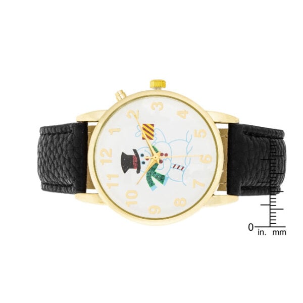 Gold-tone watch with snowman face dial and black leather strap shown at an angle