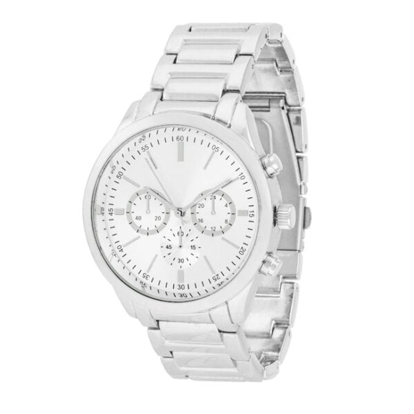 Round chronograph watch face on a silvertone metal link bracelet band