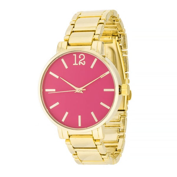 Round-faced bracelet watch with a pink dial and gold-toned link band, shown as the main product view