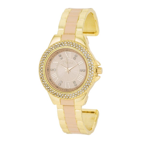 The cuff in beige, shown from the front with the round face and open cuff band