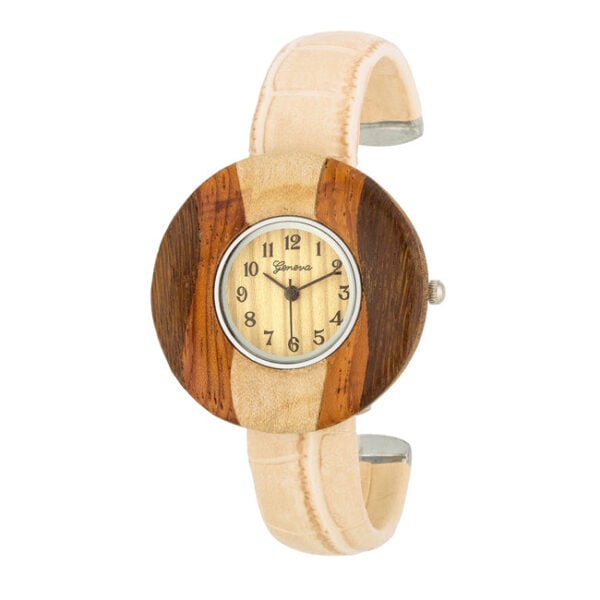 The cuff shown flat, displaying the wood inspired face and leather band