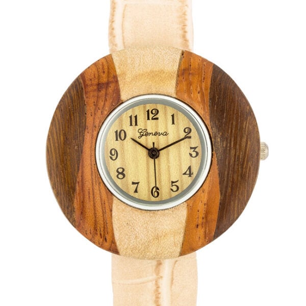 Close-up of the wood inspired watch face with yellow stone accents on the leather cuff