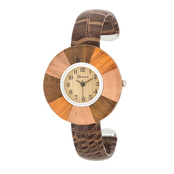 Round watch with wood-toned sunburst dial and brown leather cuff band, front view