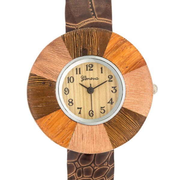 Brown leather cuff watch band shown at an angle, highlighting texture and width