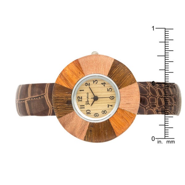 Wood-toned sunburst watch dial shown in close-up detail on brown leather band
