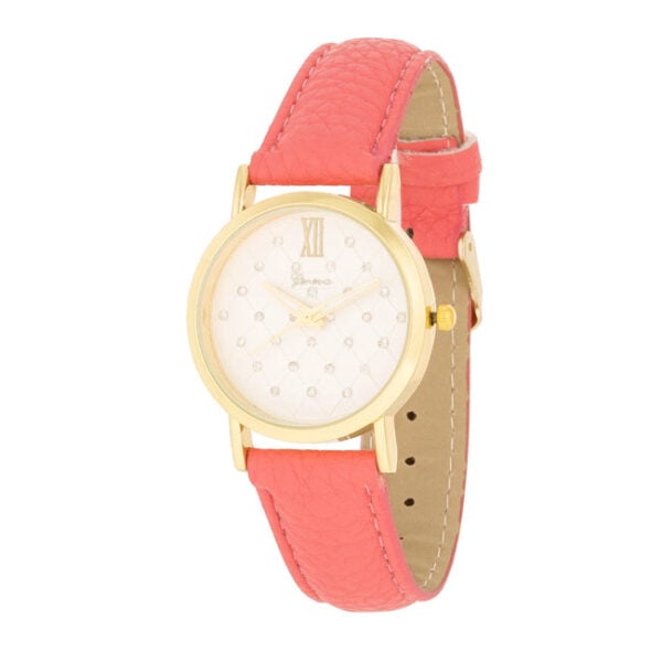 The watch shown face-up with coral stones set around the dial edge