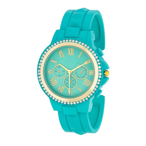 Gold metal watch with turquoise stone and crystal accents on the face