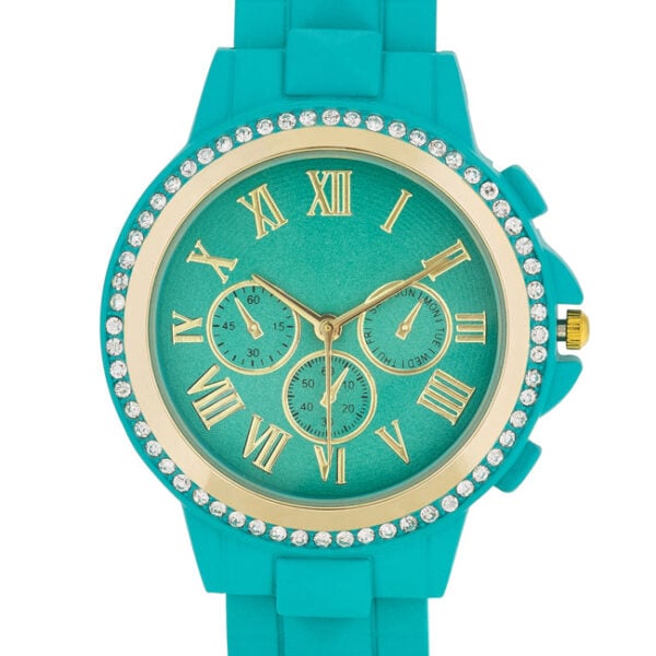 Close-up of the watch face showing turquoise stone and surrounding crystals