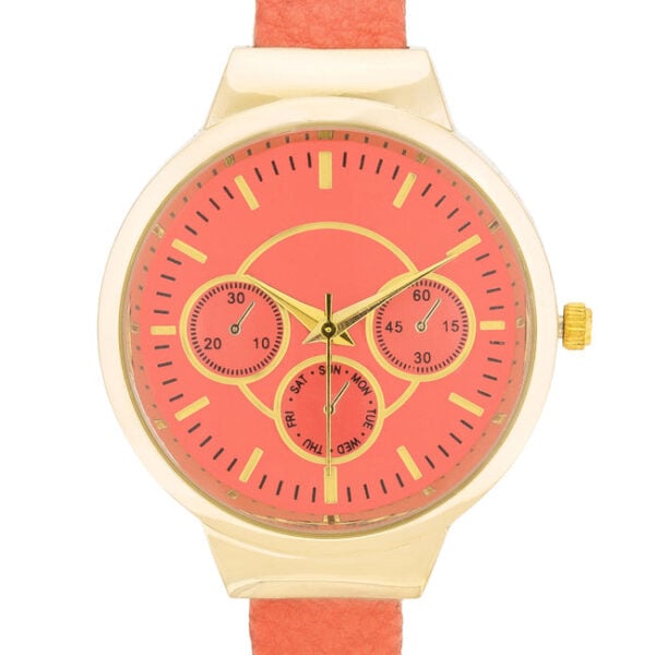 Side angle of the goldtone plated cuff watch showing the leather band's curve