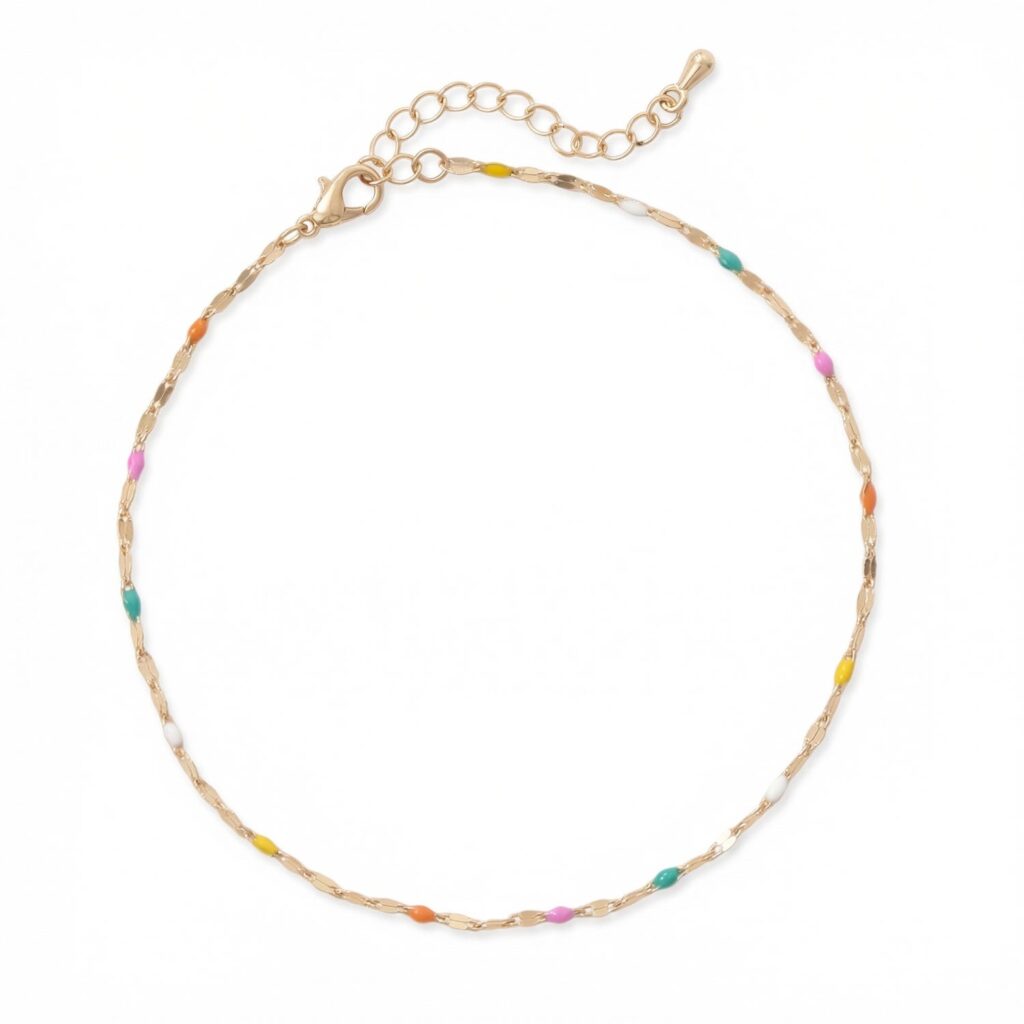 9 + 2 Gold Tone Multicolor Enamel Station Chain Anklet