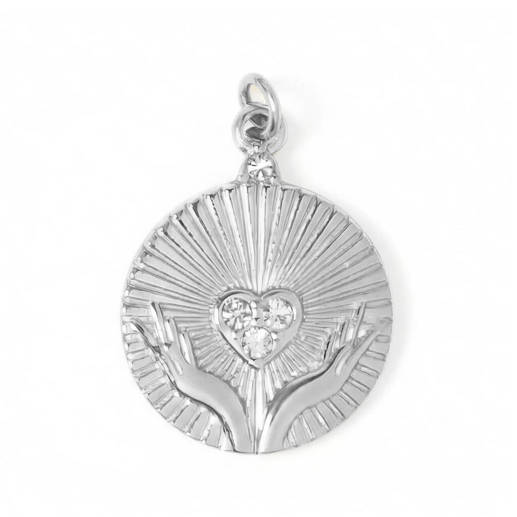 Stainless Steel Crystal Open Hands Medallion Charm