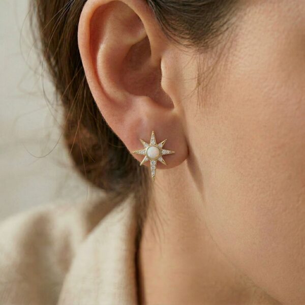 14 Karat Gold Plated Synthetic Opal and CZ Northern Star Stud Earrings - alternate view 3