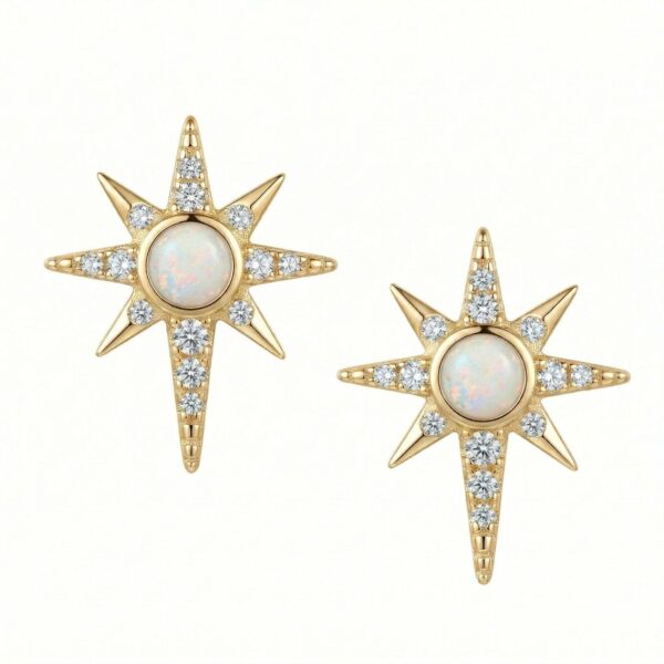 14 Karat Gold Plated Synthetic Opal and CZ Northern Star Stud Earrings
