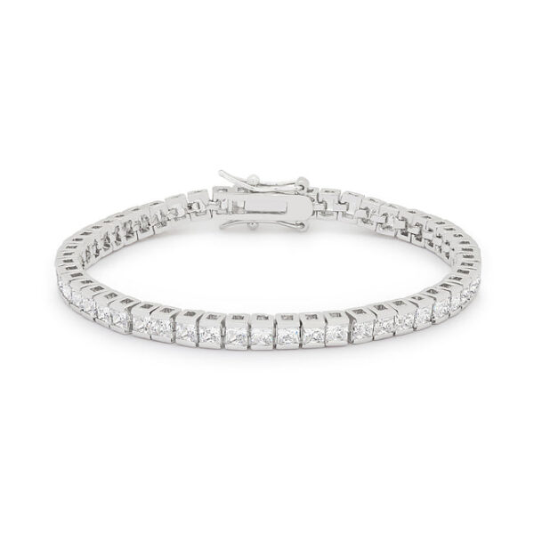 Tennis bracelet with a row of pink princess-cut cubic zirconia stones set in prong settings