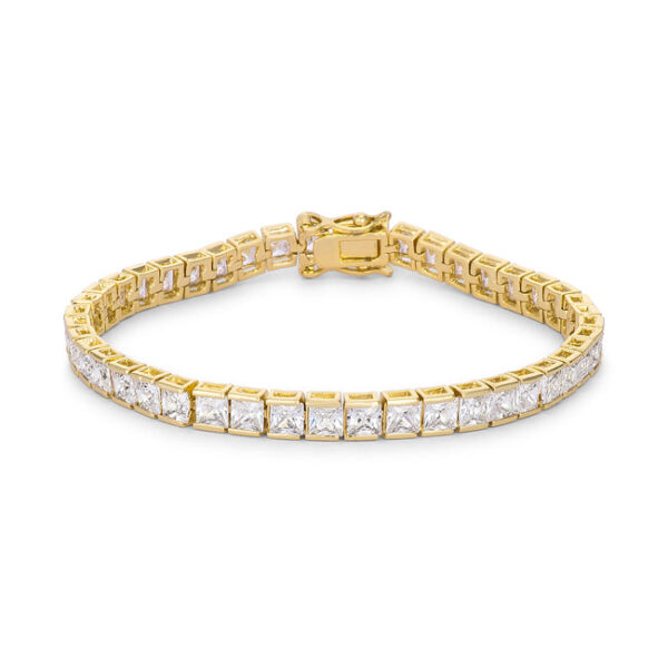 Princess cut cubic zirconia tennis bracelet laid flat, showing the full row of channel-set stones
