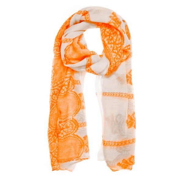 Orange polyester scarf laid out flat showing its overall shape and fabric texture