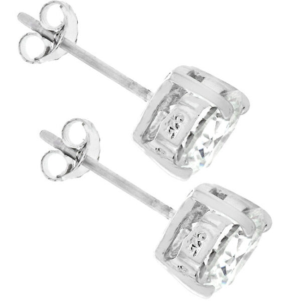Close-up of a single stud earring showing the prong setting around the round cubic zirconia stone