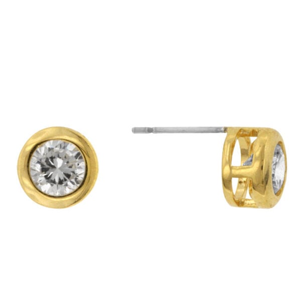 Pair of goldtone bezel stud earrings with round cubic zirconia stones and butterfly post backs