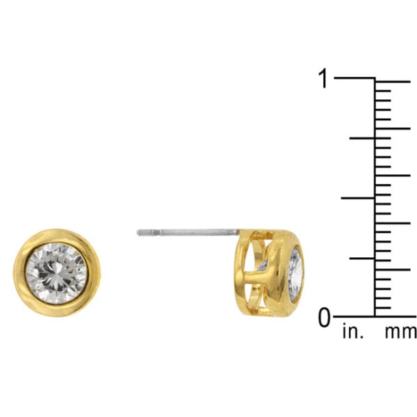 Goldtone bezel stud earring shown at an angle with the butterfly post backing visible