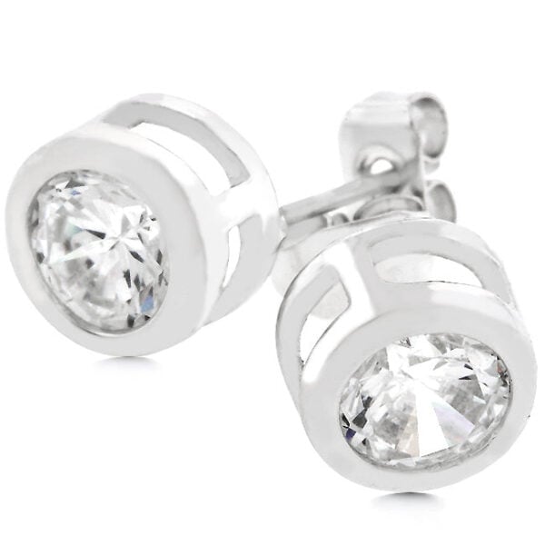 Pair of round bezel-set cubic zirconia stud earrings with rhodium plated metal and butterfly backs