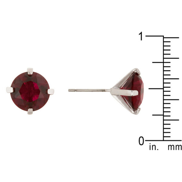 Close-up of ruby-colored cubic zirconia stud earring highlighting stone facets and rhodium plated metal