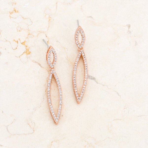 Rose goldtone double teardrop earrings laid flat to show full length and post back closures