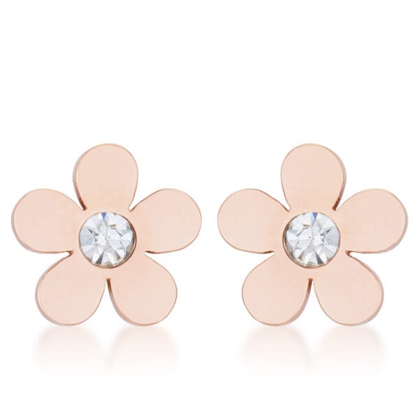 Rosegold plated flower stud earrings with a cubic zirconia center stone, shown facing forward