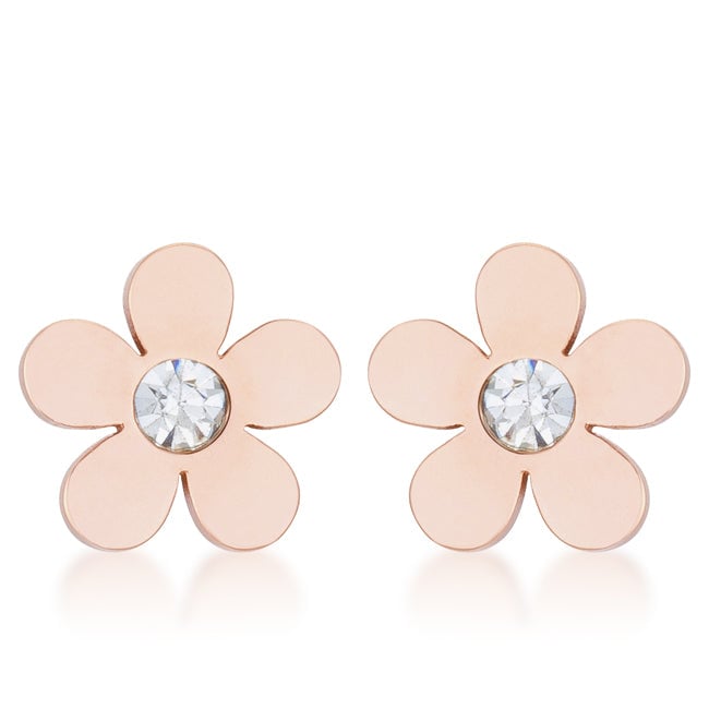 Rosegold plated flower stud earrings with a cubic zirconia center stone, shown facing forward