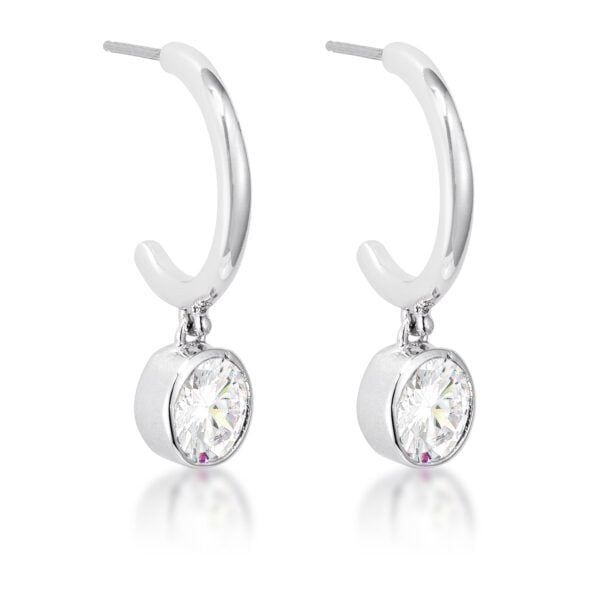Pair of rhodium plated drop hooplet earrings with round red cubic zirconia stones