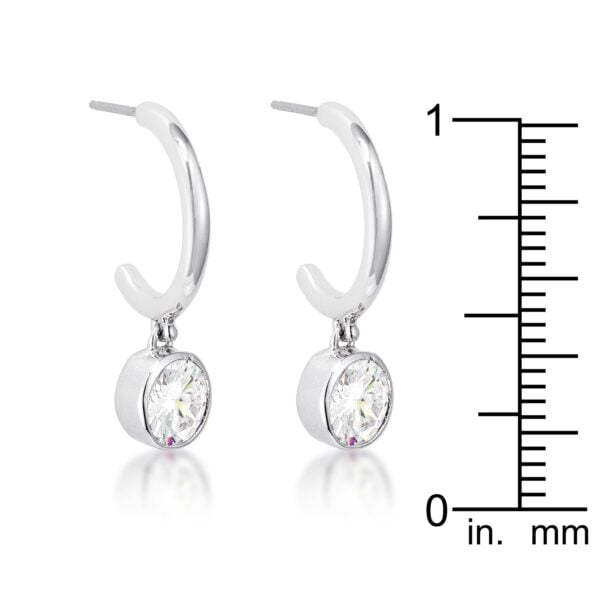 Close-up of a single drop hooplet earring showing the bezel setting around the round stone