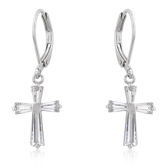 Rhodium plated cross earrings with prong-set cubic zirconia stones and lever backs