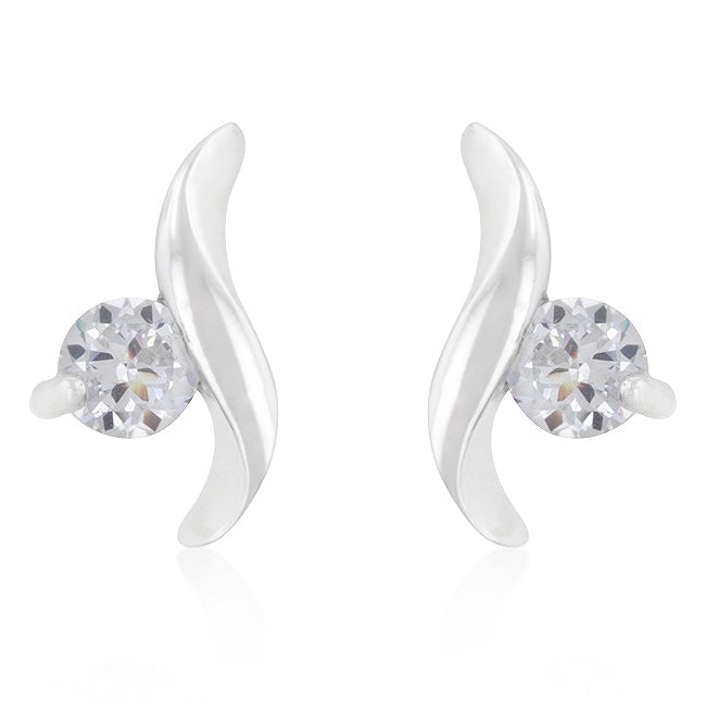 Pair of twisting solitaire earrings with round cubic zirconia stones in prong settings on a rhodium plated finish
