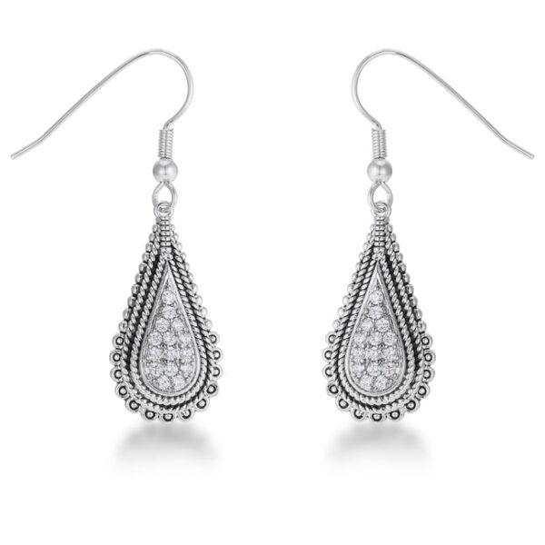 Tear drop earrings with a cluster of round cubic zirconia stones and fish hook backs
