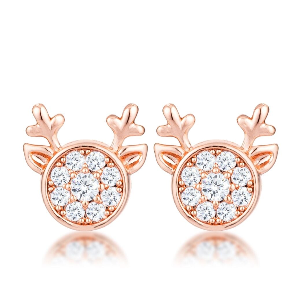 Pair of 18K rose gold plated reindeer-shaped earrings set with clear cubic zirconia stones
